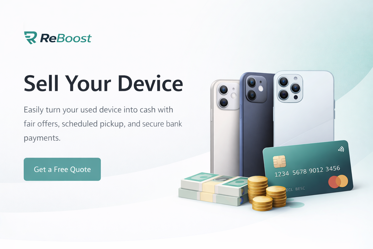 for ReBoost device selling service with smartphones, cash, and a credit card on a light background.